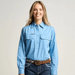 SOMERSET | Womens Half Button Long Sleeve Work Shirt - Sky Blue
